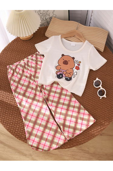 Girls Bear Graphic Print T-Shirt and Pants Co-Ords