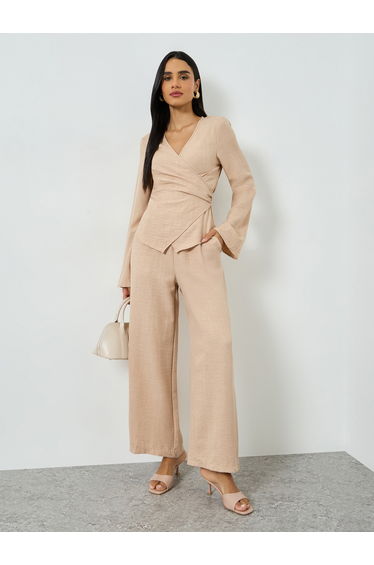 Beige Wrap Top and Wide Leg Pants Co-ords
