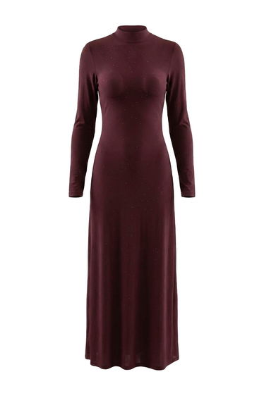 Purple Straight Bodycon Stone Printed Knitted Tulle Maxi Lined Stylish/Evening Dress