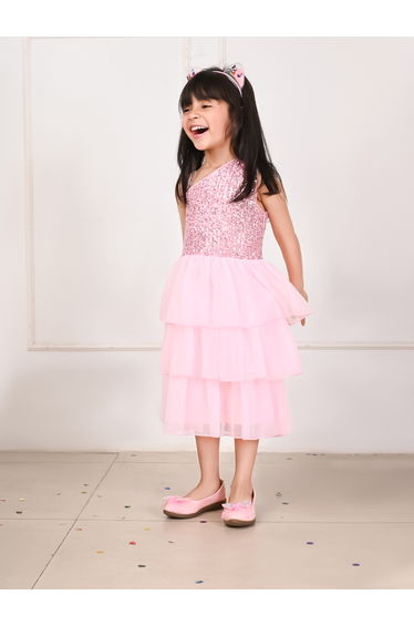 Sequin Detail One Shoulder Neck Layered Dress