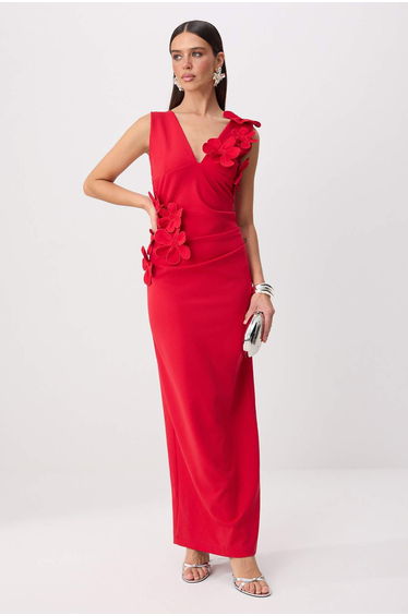 Red Floral Detailed Woven Maxi