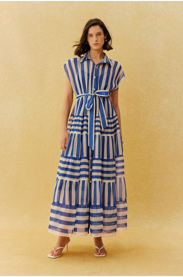 Breezy Little Secret Blue Striped Cap Sleeve Maxi Dress