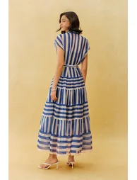 Breezy Little Secret Blue Striped Cap Sleeve Maxi Dress - 8