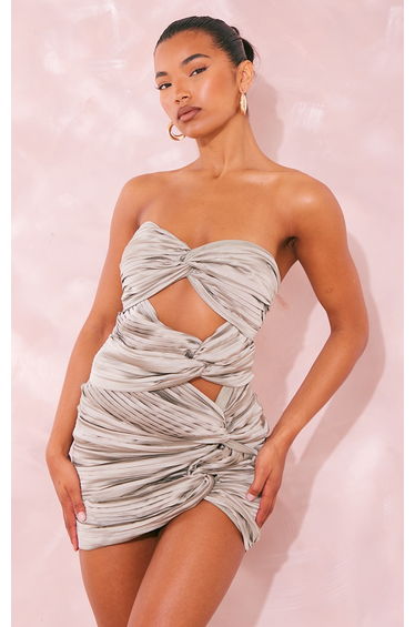 Pale Khaki Pleated Satin Bandeau Cut Out Knot Detail Bodycon Dress