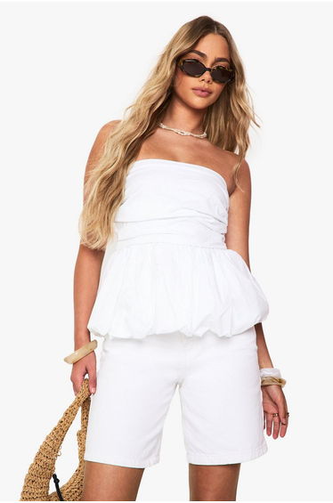 Cotton Poplin Ruched Puffball Top - white