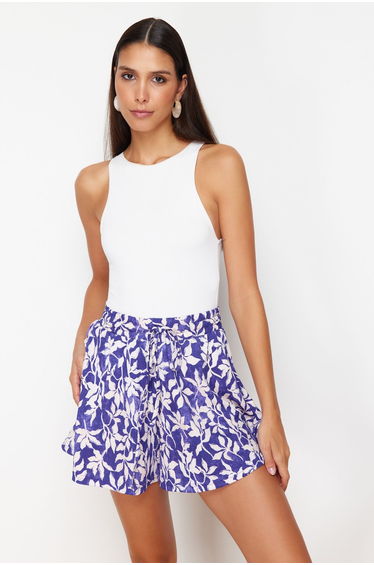 Purple Patterned Relaxed Fit Regular Waist Wrap/Textured Knitted Shorts