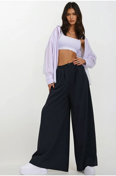Women's Navy Blue High Waist Darted Wide Leg Front Zipper Trousers