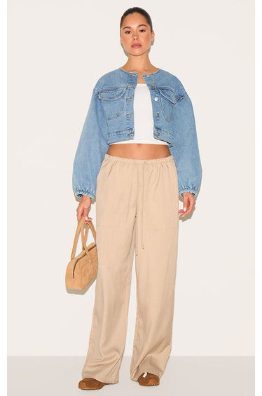 Mid Blue Wash Round Neck Crop Denim Jacket