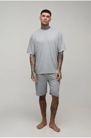 Tall MAN Dash Oversized T-Shirt & Loungewear Short Set - grey marl
