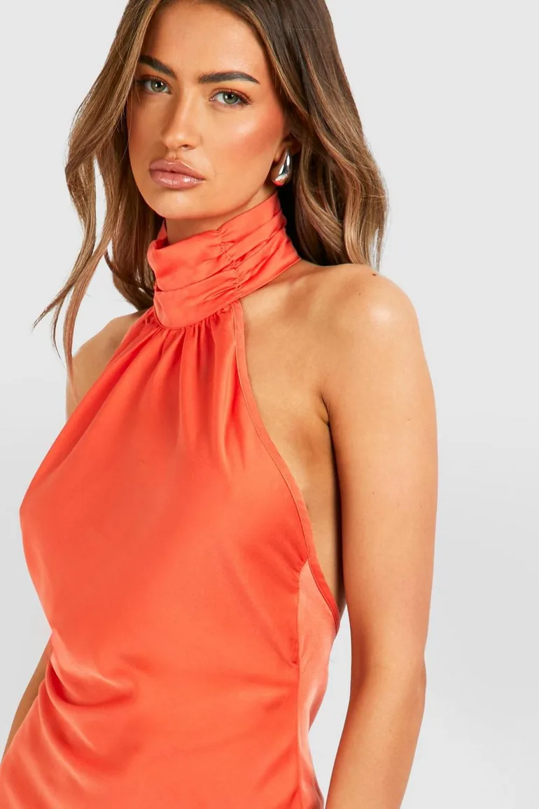 Shop Satin Halterneck Mini Dress - orange Online in Oman