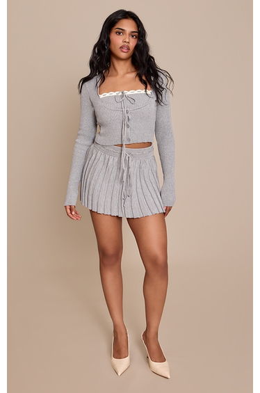 Petite Ash Grey Tie Detail Double Layer Knit Top