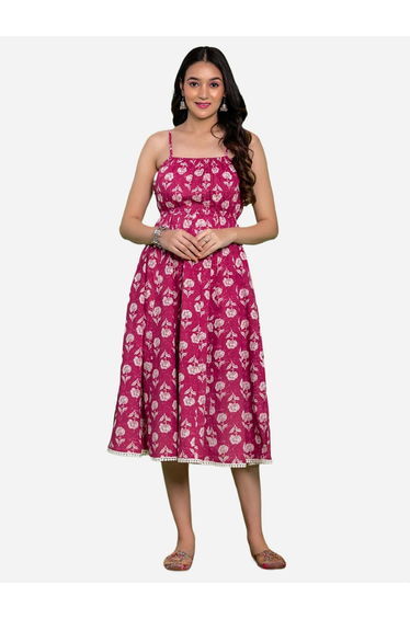 Pink Cotton Floral Printed Flared Midi Dress