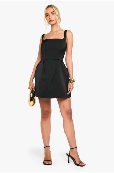 Satin Square Neck Structured Mini Dress - black