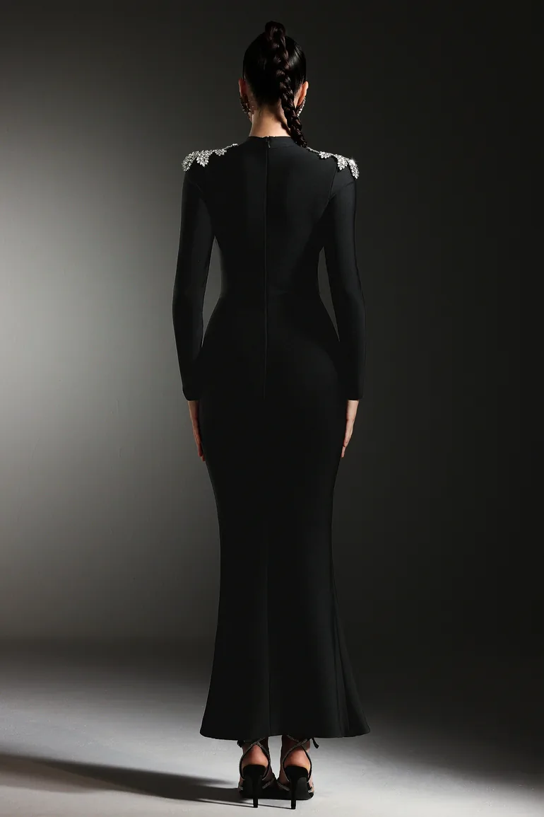 Saloha Long Sleeves Diamond Slit Fish Tail Bandage Maxi Dress - 5