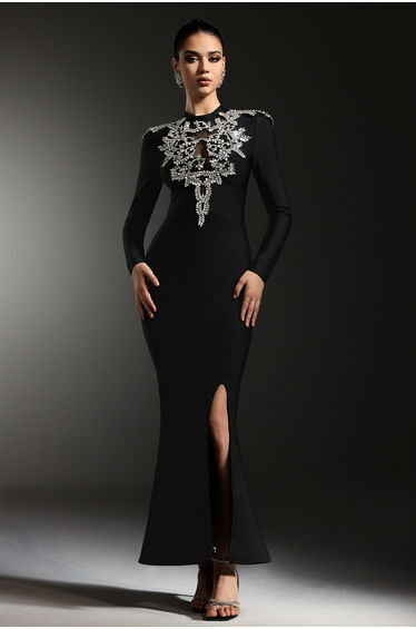 Saloha Long Sleeves Diamond Slit Fish Tail Bandage Maxi Dress