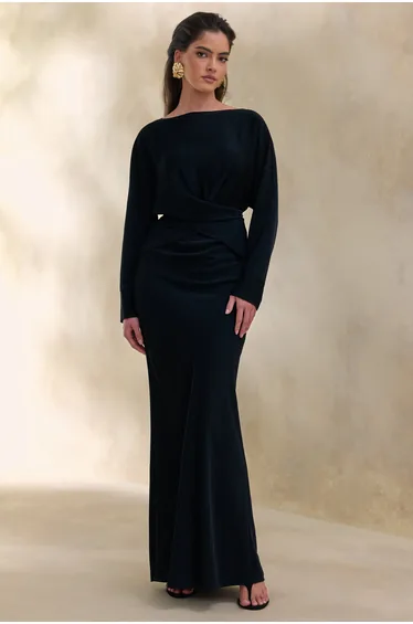 Elaria | Black Satin Maxi-Skirt