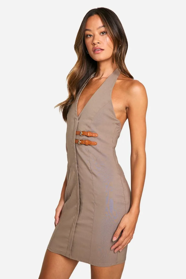Tall Halterneck Belt Detail Mini Dress - mocha - 2