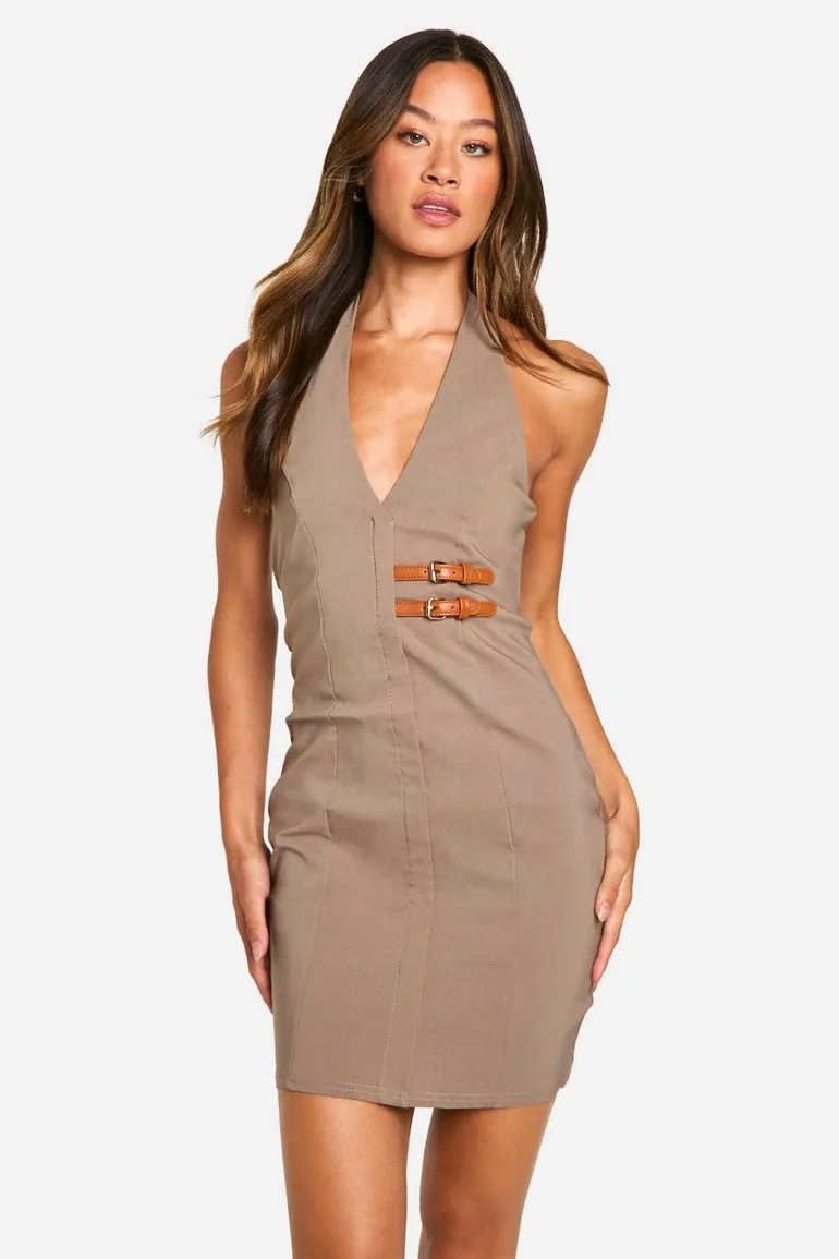 Tall Halterneck Belt Detail Mini Dress - mocha