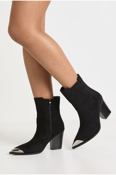 Faux Suede Gold Toe Cap Western Boots - black