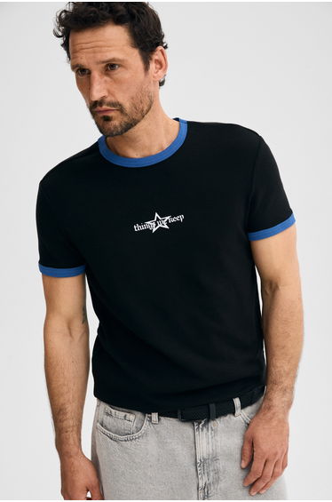 GRIMELANGE LIGNE Men's Soft and Stretchy Fabric with Contrast Piping and Printed Detail Black T-Shirt