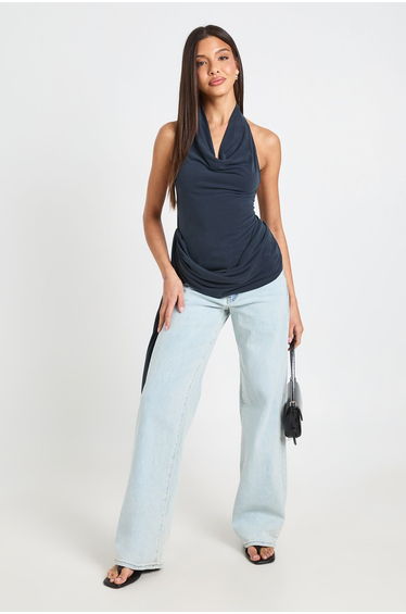 Cupro High Neck Drape Detail Top - charcoal
