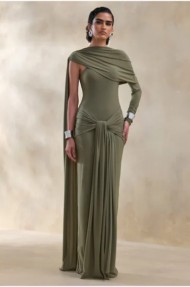 Trisara | Olive Asymmetric-Neck Maxi Dress With Gathered-Detailing And Sash