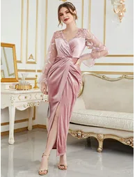 Leely Blush Pink Long Sleeve Velvet Midi Evening Dress