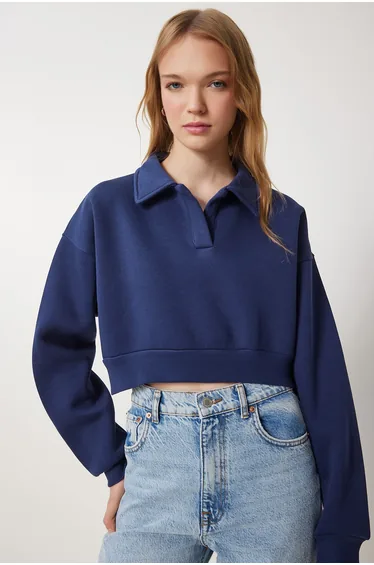 Women's Navy Blue Polo Collar Raised Crop Knit Sweatshirt