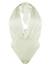 Shape Sage Green Satin Ruched Halterneck Bodysuit - 4