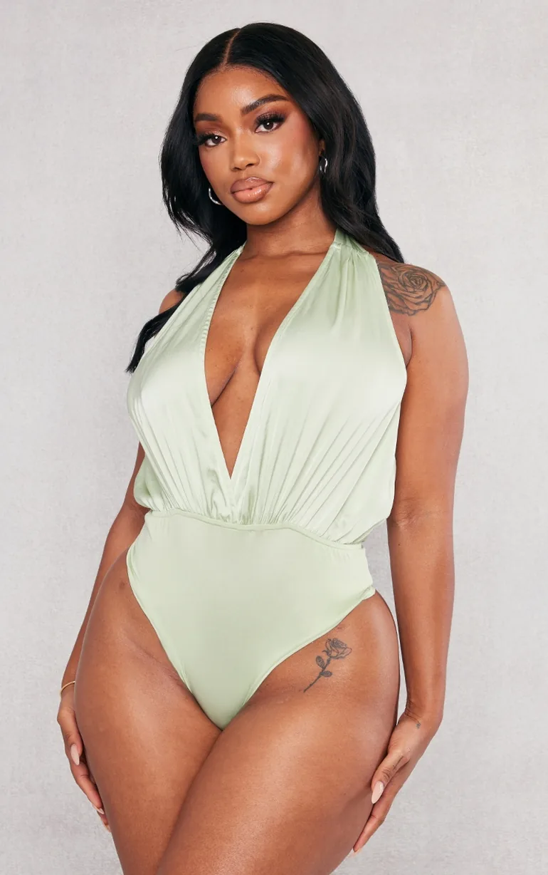Shape Sage Green Satin Ruched Halterneck Bodysuit - 1