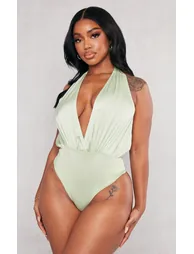 Shape Sage Green Satin Ruched Halterneck Bodysuit - 1