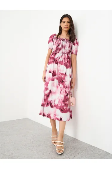 فستان ميدي مزموم بطبعة