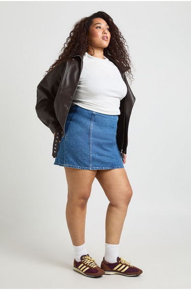 Plus Seam Detail Denim Skirt - mid blue