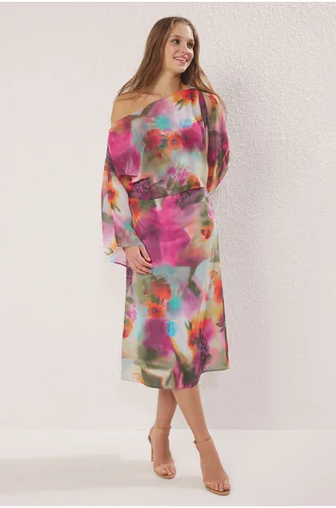 Multicolored Abstract Plain Cut Cape Detail Lined Chiffon Woven Dress