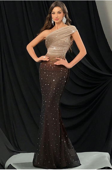 QOQ Multicolour Beaded One-Shoulder Evening Gown