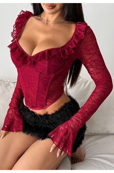 Ruffle Trim Flare Cuffs Full Lace Bustier Top in Burgundy