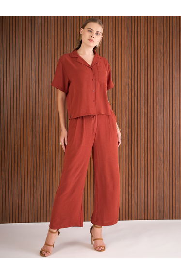 Rust Notch Lapel Collar Shirt and Straight Pants Co-Ords