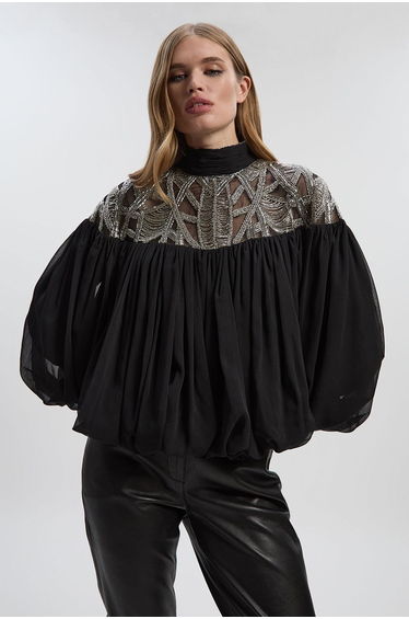 Crystal Embellished Cutwork Cape Detail Woven Drama Blouse