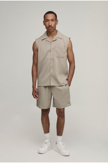 Textured Pleated Regular Fit Sleeveless Shirt & Short Set - taupe