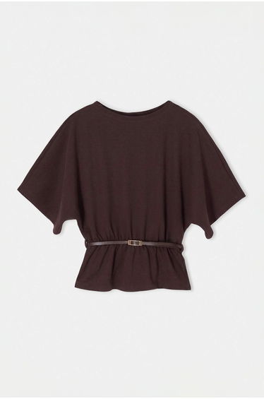 Brown Plain Regular Boat Neck Standard Sleeve Short Regular Interlock Knitted Blouse