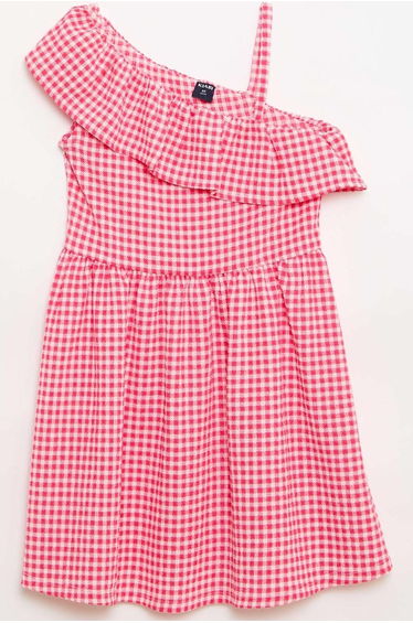 Asymmetrical Ruffled Gingham Dress PINK
