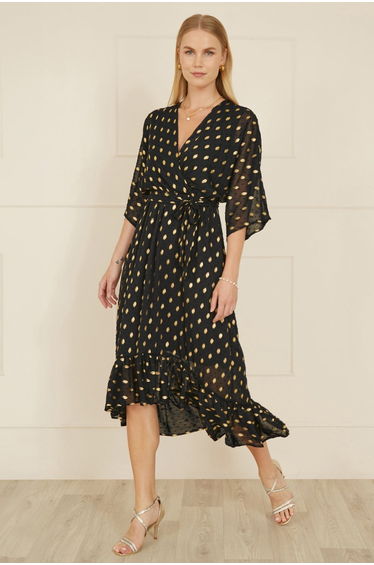 Yumi Black Foil Print Wrap Over Dip Hem Midaxi Dress