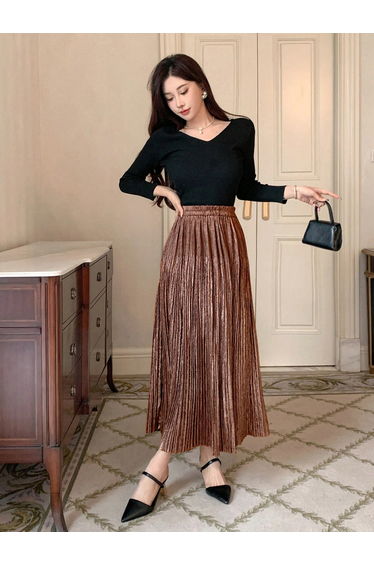 Solid Elastic Waist Pleated Detail A-Line Maxi Skirt