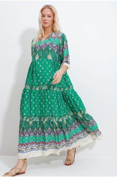 Women's Walnut Green Front Lace Up Patterned Woven Viscose Dress