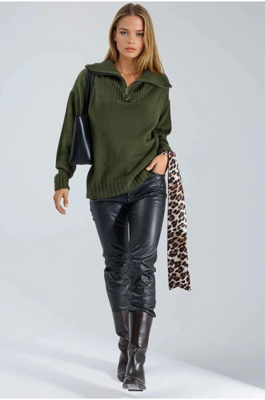 MY FASHION Oversized Ribbed Knit Sweater with Zipper Collar