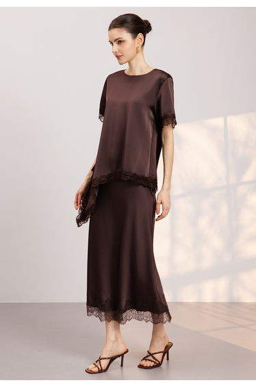 Glossy Asymmetric Lace Trimmed Satin Top in Brown for Office Days & Client Meetings