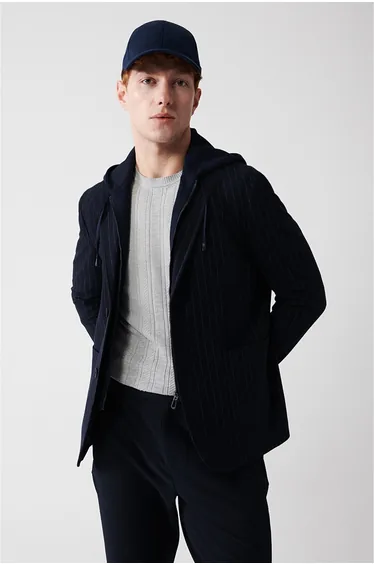 Men's Navy Blue Mono Collar Hooded Jacket