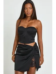 Tall Lace Insert Satin Mini Skirt - black - 1