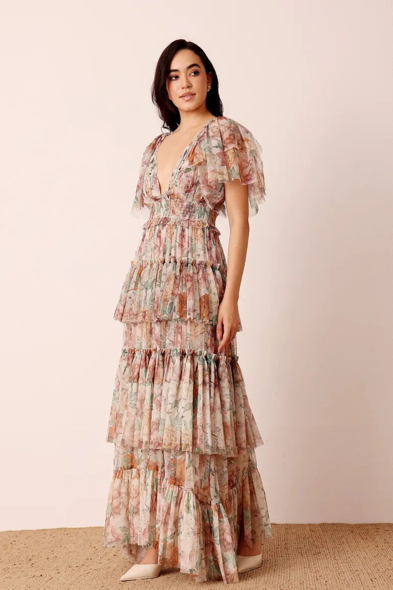 Jasmine Soft Tulle Maxi Dress in Brown Floral - 3