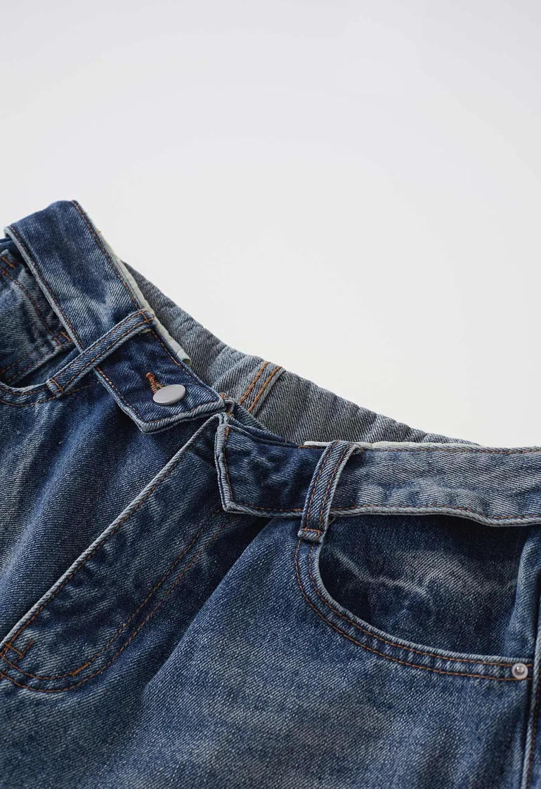 Fold-Over Waistband Straight-Leg Jeans in Blue for Daily Outings & Weekend Trips - 1